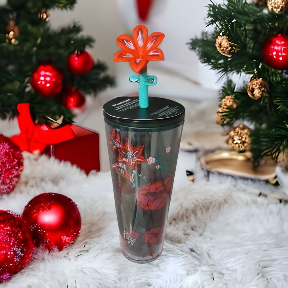 Starbucks 2022 Holiday Enchanted Forest Poinsettia Tumbler Flower Straw Topper